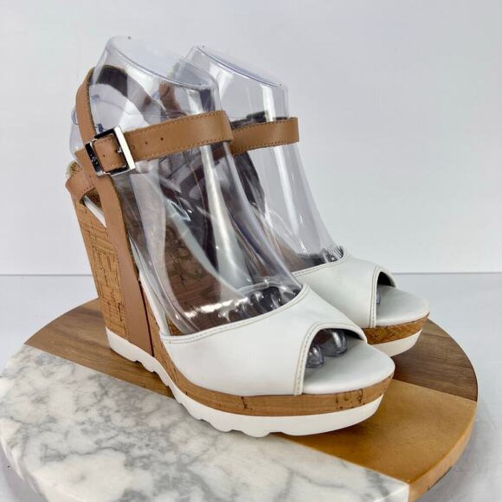 SAM EDELMAN Karina Sandal Slingback Cork Wedge White Leather Heel 7.5 - Picture 1 of 12